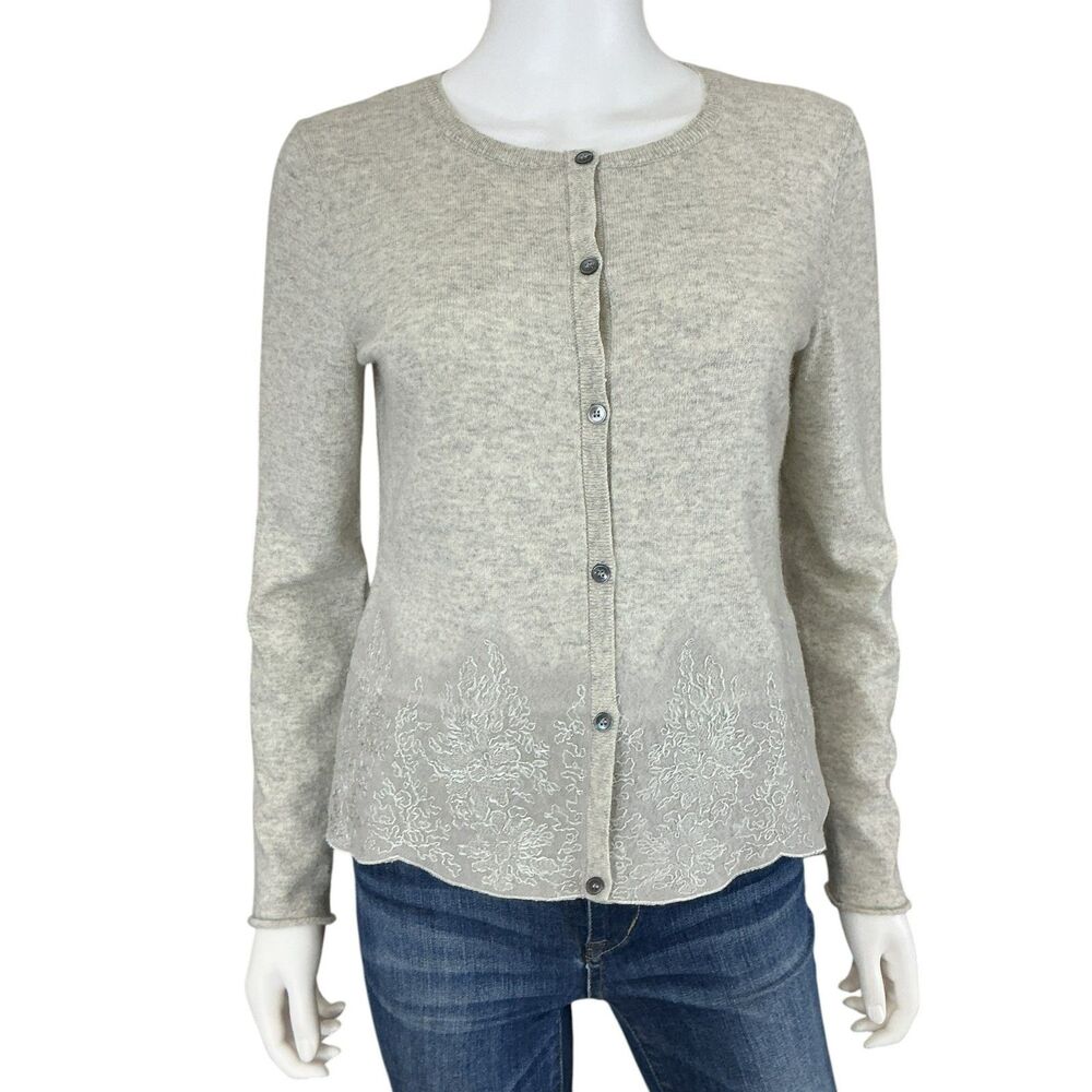 Neiman Marcus Women's Cashmere Cardigan Sweater Size S Embroidered Wool Hem Grey